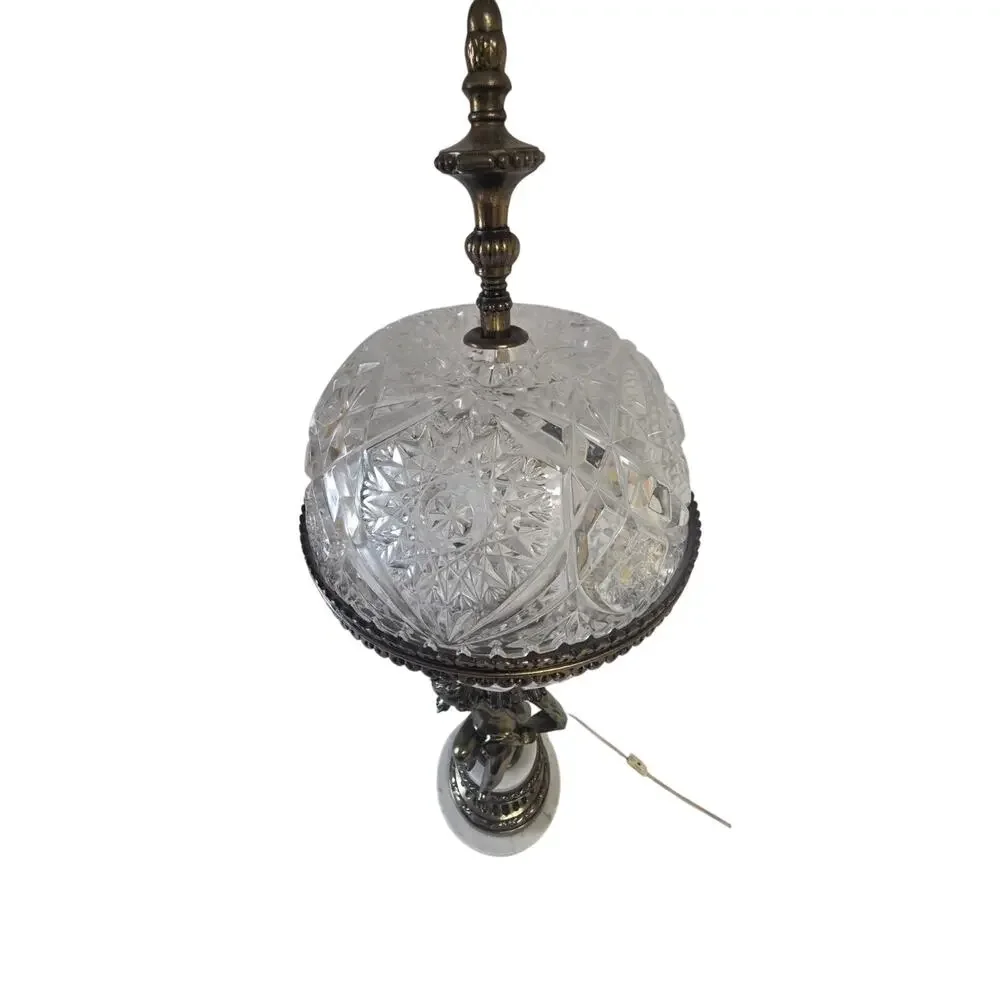 Pair Vintage Hollywood Regency Cherub Crystal Globe Table Lamps Brass Marble